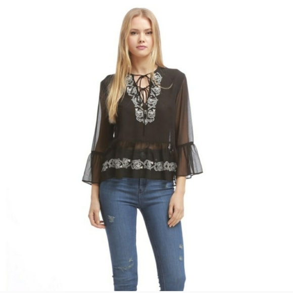 NEW Walter Baker Sheer Embroidered Peplum Top - Picture 2 of 5